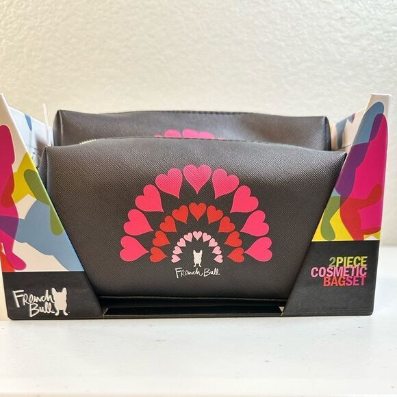 NIB French Bull 2 Piece Black and Pink Cosmetic Bag Set Heart Graphics - Picture 2 of 7